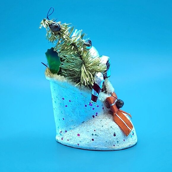 Putz Santa Boot Ornament Bottle Brush Tree Mercury Glass Beads Mica Japan 1950s - Picture 5 of 9